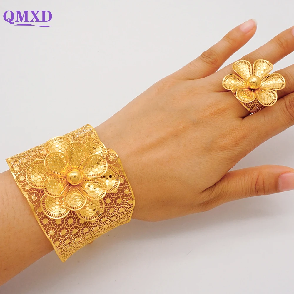 

Dubai Gold Color Bangle&Ring For Women Charm Chain Cuff Bracelet Indian Bracelet Arabic France Bridal Wedding Jewelry Gifts