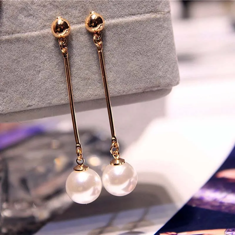 

Korean Simulated Pearl Long Tassel Bar Drop Earrings For Women OL Style Sweet Dangle Brincos Party Jewelry Gift Wholesale EB478