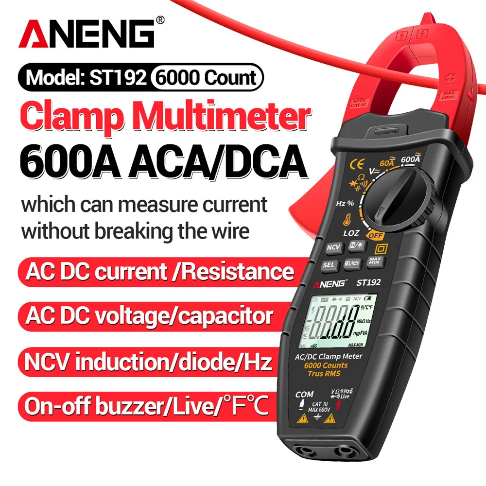 

ANENG ST192 Digital Clamp Meters Multimeter 60A/600A Tester AC/DC Current 6000 Counts True RMS Capacitance NCV Ohm Hz Transistor