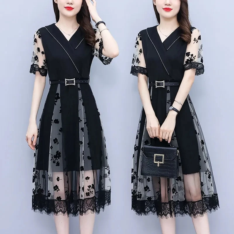 Dress Womens 2022 Summer New French Elegant Fashion Slim Dresses Women Large Size V-neck Short-sleeve Mesh Stitching Long Skirt
Dress Womens 2022 Summer New French Elegant Fashion Slim Dresses Women Large Size V-neck Short-sleeve Mesh Stitching Long Skirt