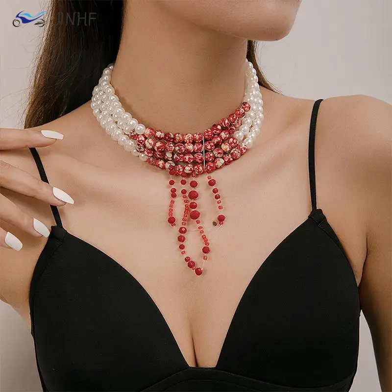 

Женское Ожерелье с имитацией жемчуга, многослойное короткое ожерелье с бусинами в готическом стиле