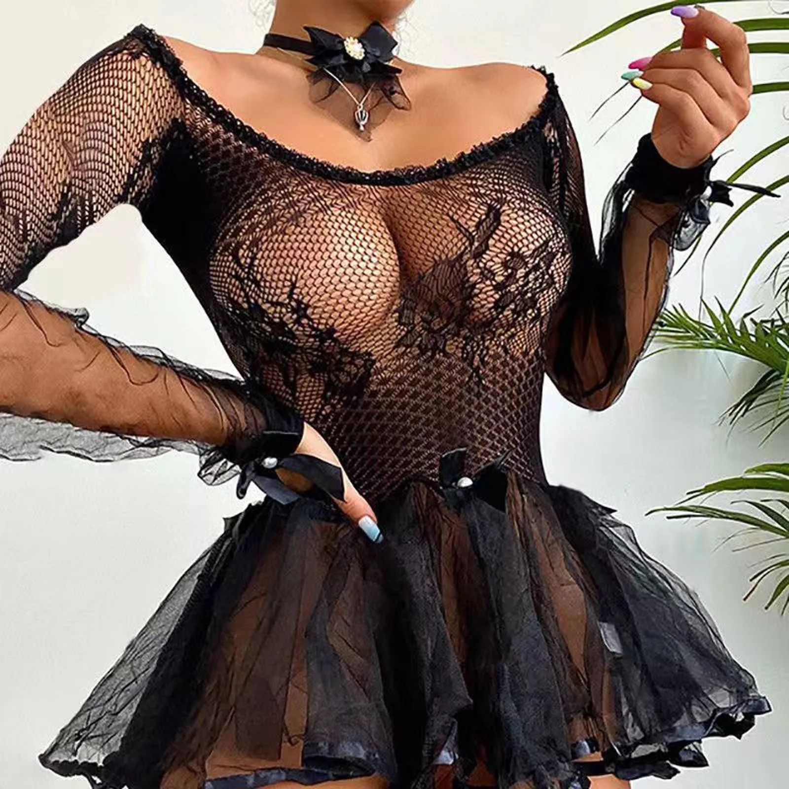 

Transparente Pajamas Women Sheer Mesh See-through Long Sleeve Crop Tops Casual Clubwear Mini Dress Plus Size Sexy Lingerie