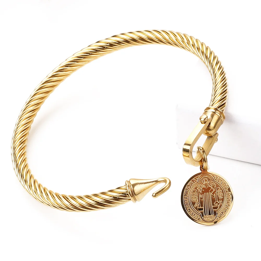 Braided wire rope horseshoe buckle U-clasp stainless steel bracelet Father St. Benedict pattern tag jewelry gift
Braided wire rope horseshoe buckle U-clasp stainless steel bracelet Father St. Benedict pattern tag jewelry gift