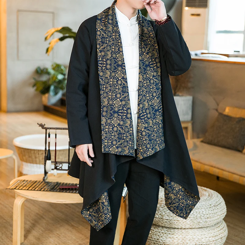 Chinese Style Men's Cotton Line Coats Reversible Printing Long Jacket Irregular Hem Outerwear Traditional Clothing Vintage Cloak 
Chinese Style Men's Cotton Line Coats Reversible Printing Long Jacket Irregular Hem Outerwear Traditional Clothing Vintage Cloak