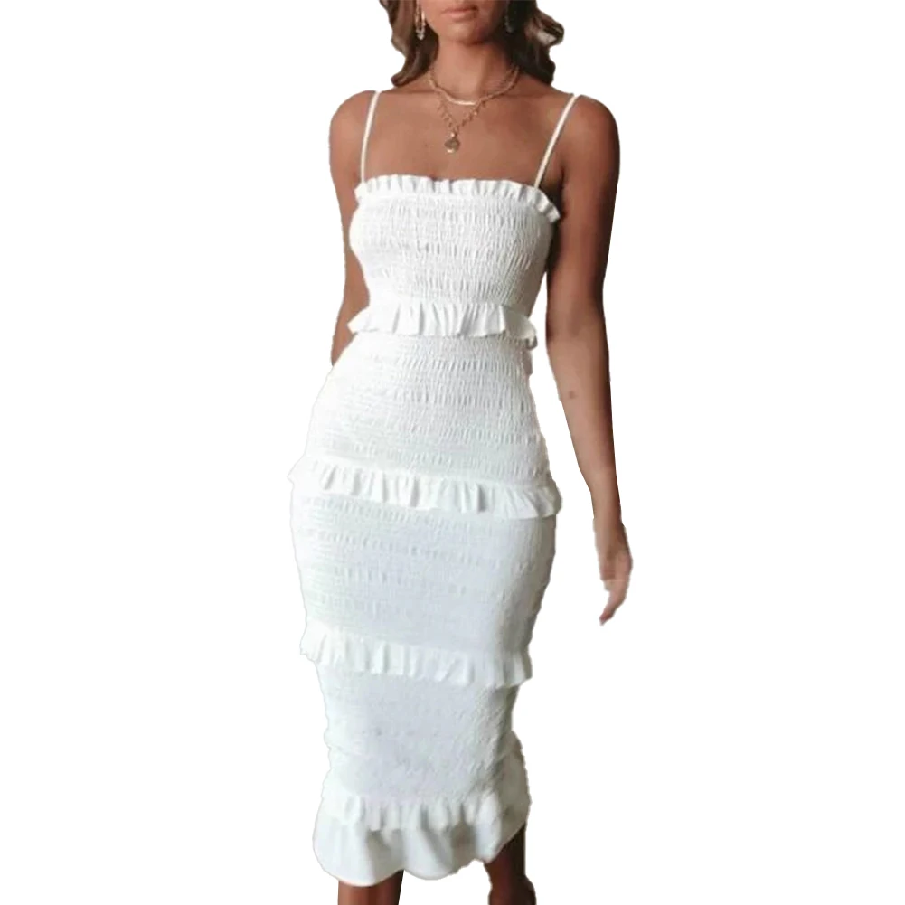Women Summer Casual Smocked Bodycon Dresses Spaghetti Strap Ruffle Prom Dress Solid Color Backless Summer Beach Sundress
Women Summer Casual Smocked Bodycon Dresses Spaghetti Strap Ruffle Prom Dress Solid Color Backless Summer Beach Sundress