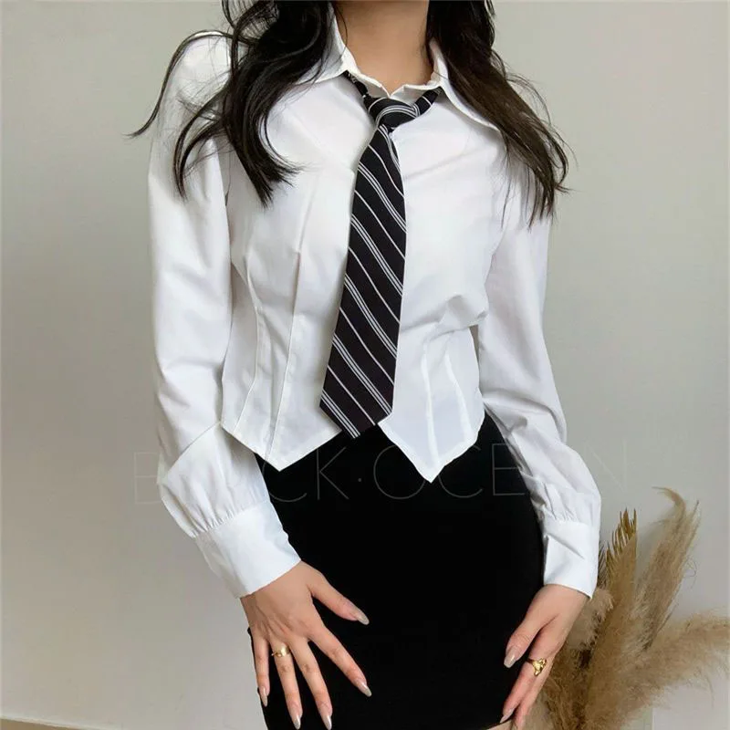 

HOUZHOU White Blouse Women Long Sleeve Sexy Corset Crop Top Female Slim Preppy Style Fashion Jk Shirt with Tie Tunics Y2k Korean
