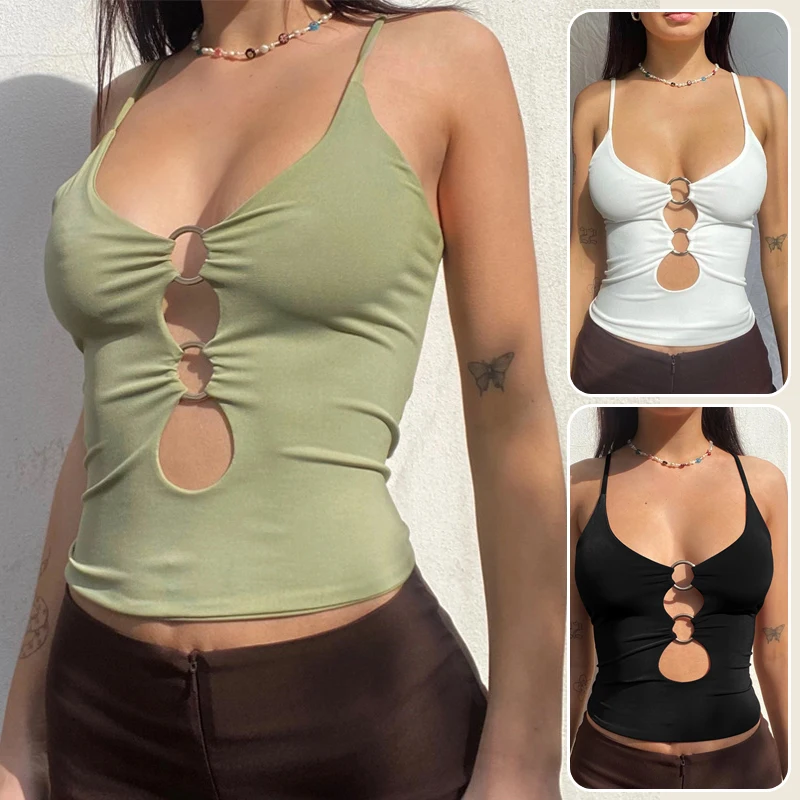 

Summer Women Y2K Crop Top Low-cut O Ring Keyhole Cami Vest Spaghetti Straps E-Girl Tops Fashion Club Party Wear Tank Tops