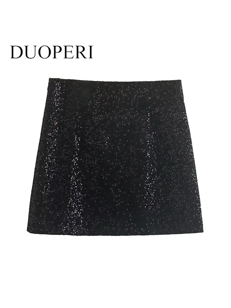 DUOPERI Women Solid Black Sequined Mini High Waist A-Line Skirt Female Chic Lady High Street Party Short Skirt
DUOPERI Women Solid Black Sequined Mini High Waist A-Line Skirt Female Chic Lady High Street Party Short Skirt