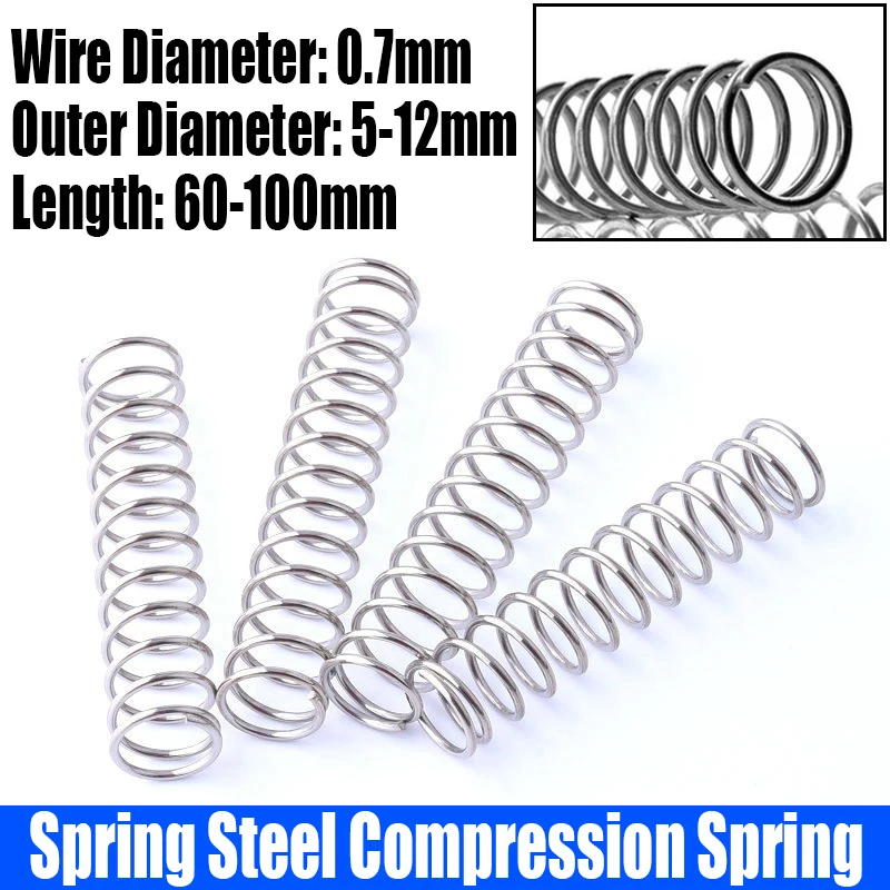 5PCS 0.7mm Wire Diameter Compression Spring Galvanized Spring Steel Return Spring 5-12mm Outside Diameter L=60-100mm
5PCS 0.7mm Wire Diameter Compression Spring Galvanized Spring Steel Return Spring 5-12mm Outside Diameter L=60-100mm