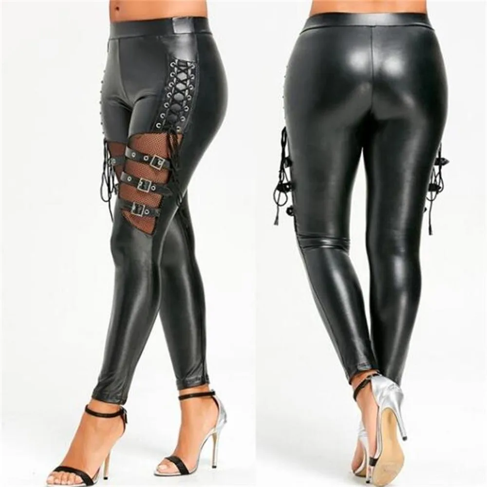Women PU Leather Skinny Slim Trouser Gothic Punk Leggings Fishnet Trim Lace Pant Faux Leather Black
Women PU Leather Skinny Slim Trouser Gothic Punk Leggings Fishnet Trim Lace Pant Faux Leather Black