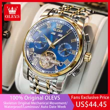 OLEVS Automatic Mechanical Watch for Men Week Calendar Skeleton Hollow Wristwatch Stainless Steel Classic Business Mens Watches