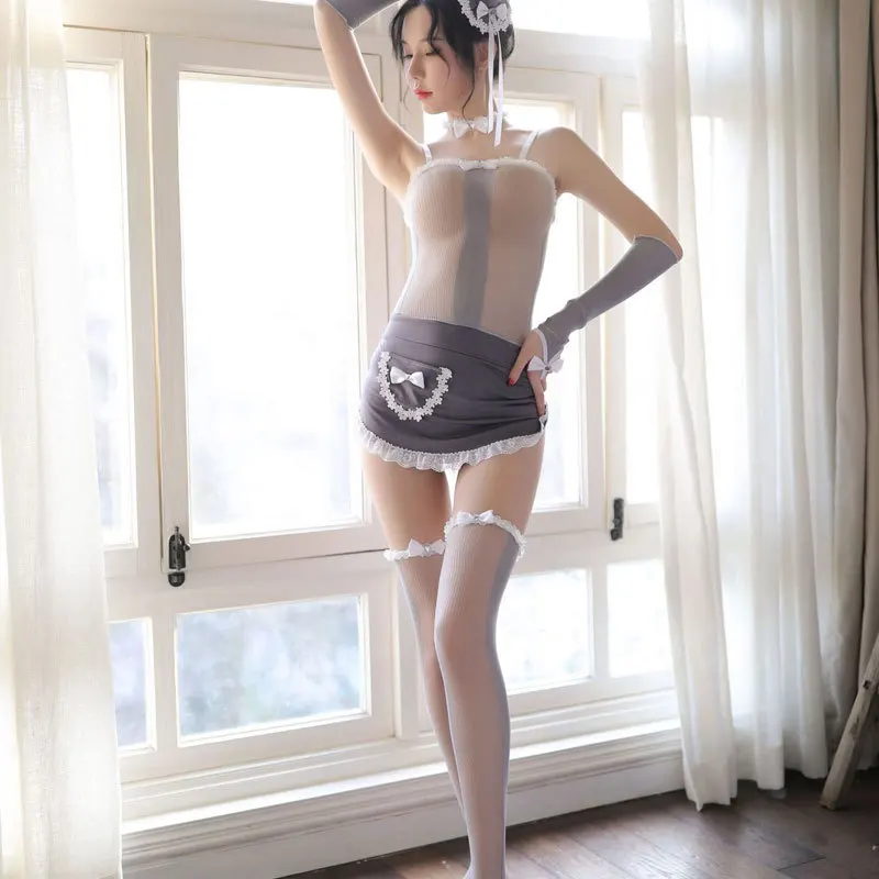 

Women Sexy Lingerie Maid Dress See-Through Apron Costume Erotic Role Play Cosplay Transparent Mesh Servant Outfits Hot Uniform