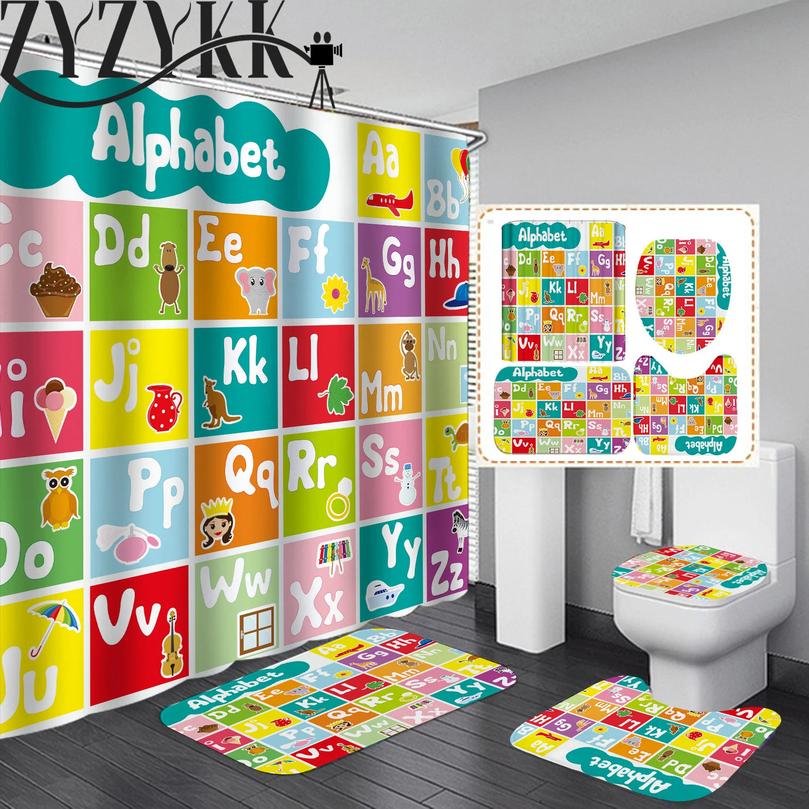 ZYZYKK Alphabet Shower Curtain Set ABC Educational for Child Waterproof Bath Mat Toilet Lid Cover Flannel Bathroom Carpet
ZYZYKK Alphabet Shower Curtain Set ABC Educational for Child Waterproof Bath Mat Toilet Lid Cover Flannel Bathroom Carpet