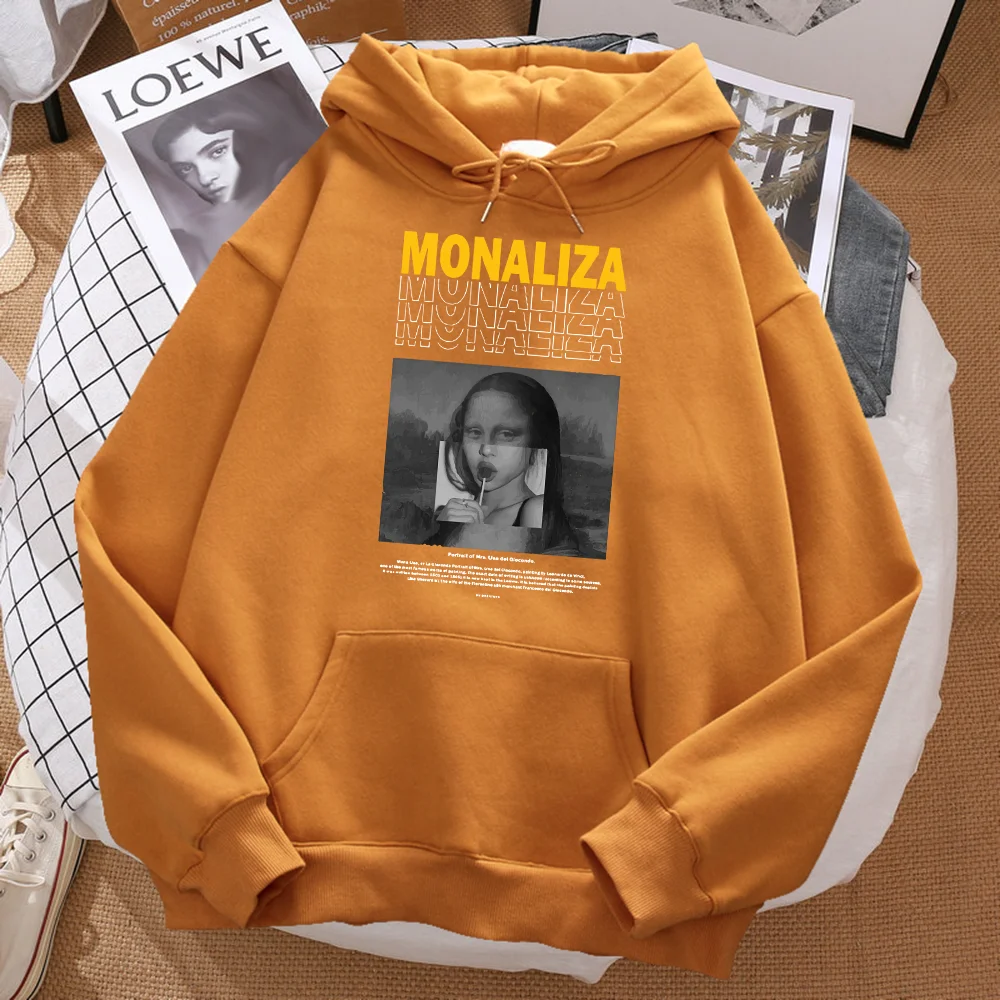 

Modern Monaliza eat lollipop Creativity Splicing Men Hooded Hip Hop Street Hoody O-Neck Pocket Loose Clothes Casual Man Pullover