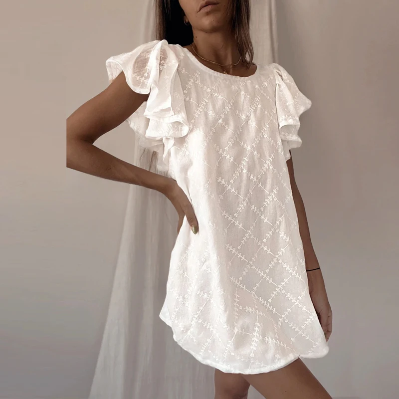 2023 Summer Women Ruffle Short Sleeve O-Neck Mini Dress Fashion White Embroidery Straight Dress Ladies Casual Loose Office Dress
2023 Summer Women Ruffle Short Sleeve O-Neck Mini Dress Fashion White Embroidery Straight Dress Ladies Casual Loose Office Dress