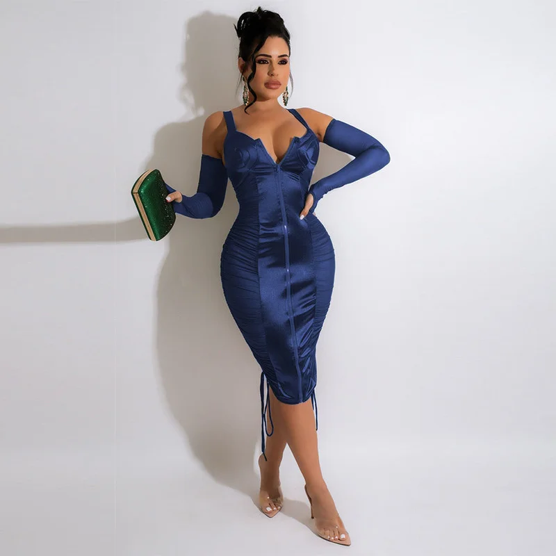 

WUHE Womem Bodycon Bandage Spaghetti Strap Sexy Party Dress Zipper Fly with Oversleeve Mesh Satin Patchwork Ruched Midi Dress