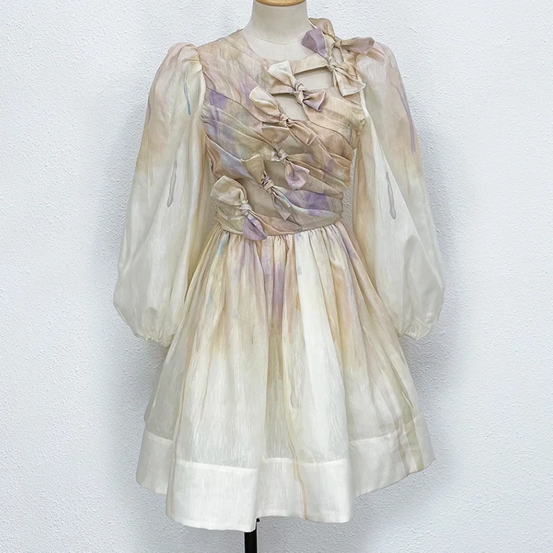 

Летнее шелковое льняное платье с бантом 22 дюйма, женские элегантные разноцветные платья с принтом, плиссированные платья с длинным рукавом ...