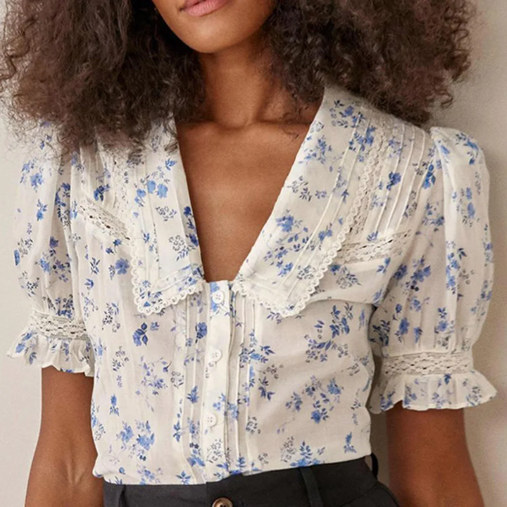 Summer Women Blouse Short Sleeve Lapel Lace Vintage Floral Print Tops Boho Trips Casual Office Lady Loose Blouses Shirts 2022
Summer Women Blouse Short Sleeve Lapel Lace Vintage Floral Print Tops Boho Trips Casual Office Lady Loose Blouses Shirts 2022