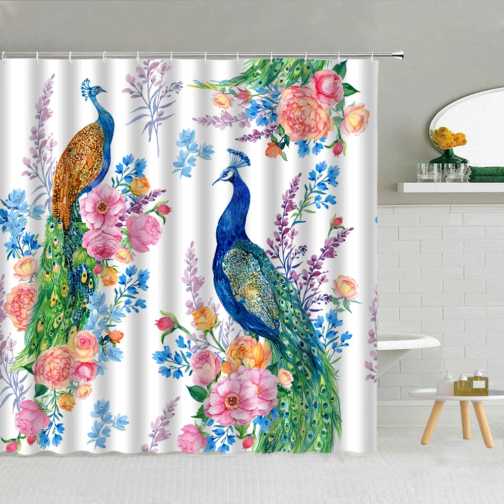 

Flower Shower Curtain Fabric High Quality Bathroom Supplies Indoor Decor With Hooks Cloth Beautiful Peacocks Curtains Washable