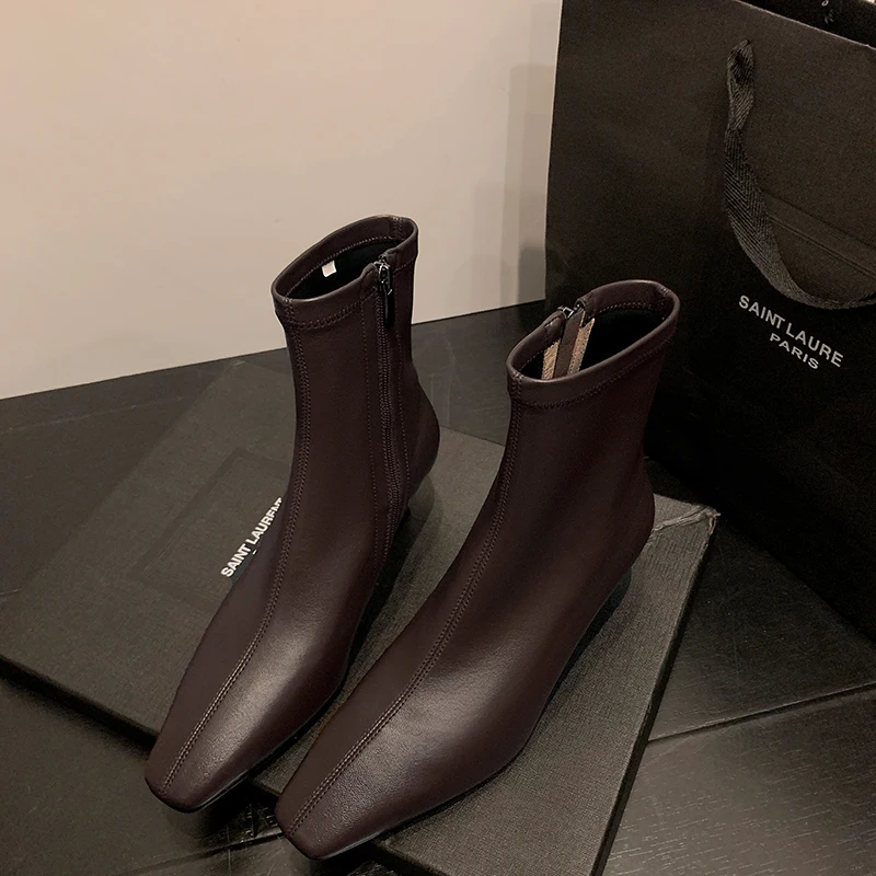 Женские Эластичные ботильоны из микрофибры и свиной кожи, на молнии сбоку, с квадратным носком, Осень-зима 2023