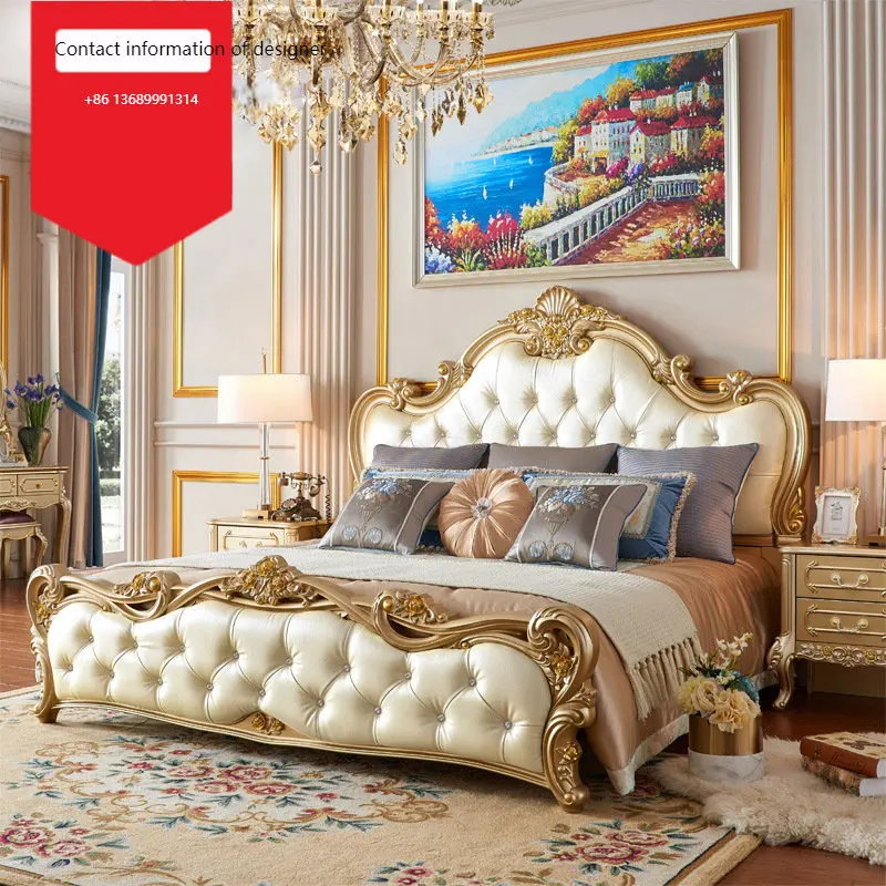

Новая роскошная Европейская вилла классическая спальня из твердой древесины прочная кожаная резная Французская Двуспальная Кровать двойная кровать принцесса свадебная кровать