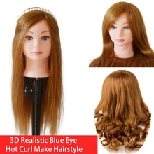 New Arrival Female 3D Blue Eye Blonde Gold Human Hair Mix Synthetic Professional Hot Curl Training Styling Head Mannequin Doll