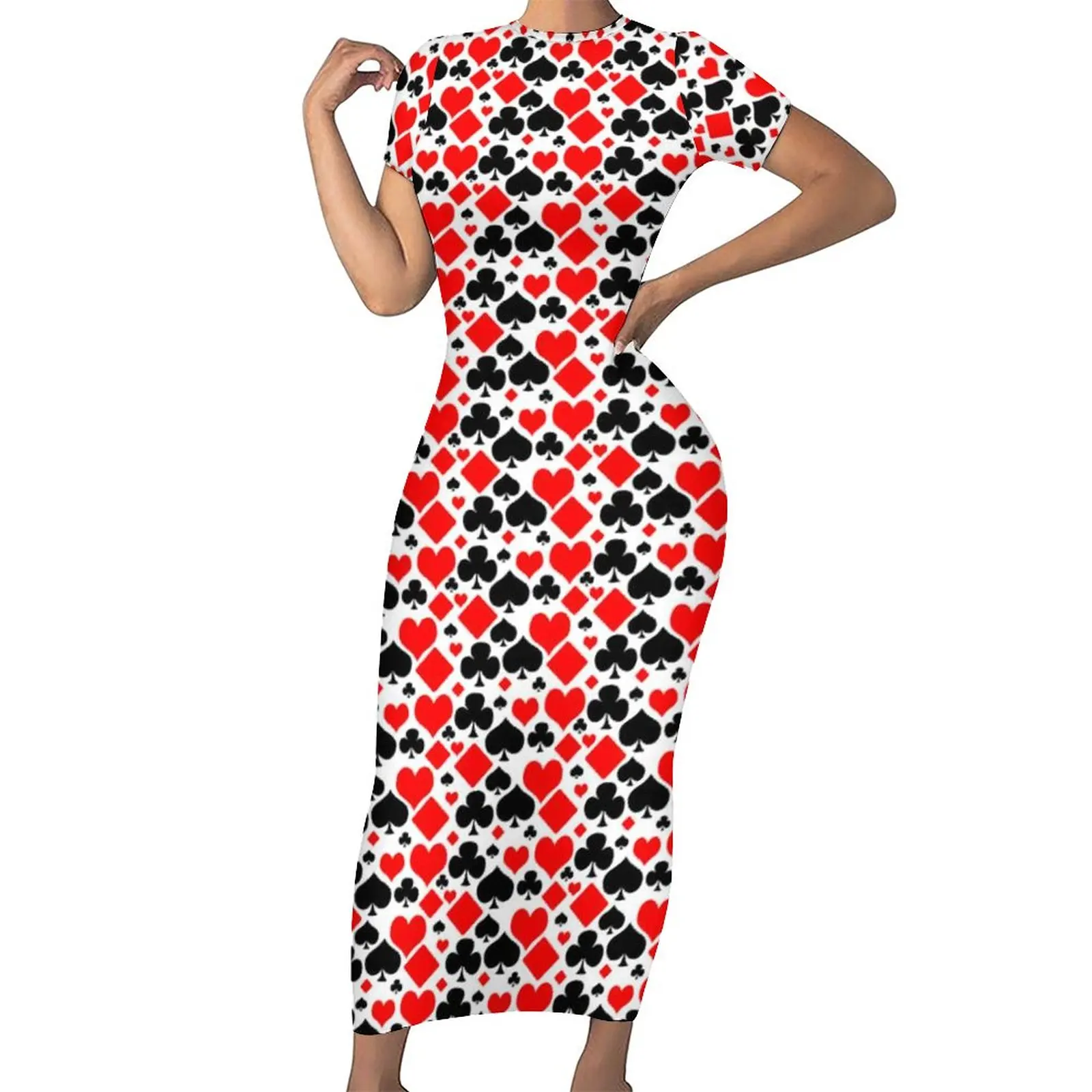 

Poker Print Dress Short Sleeve Hearts Diamonds Clubs Spades Fashion Maxi Dresses Kawaii Bodycon Dress Design Big Size Vestido