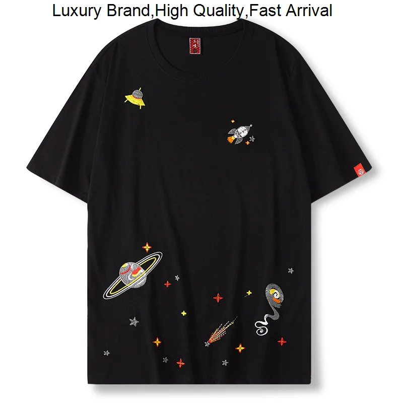 

Chao Guo cartoon astronaut embroidery pure cotton tide brand INS hip -hop casual summer short -sleeved T -shirt