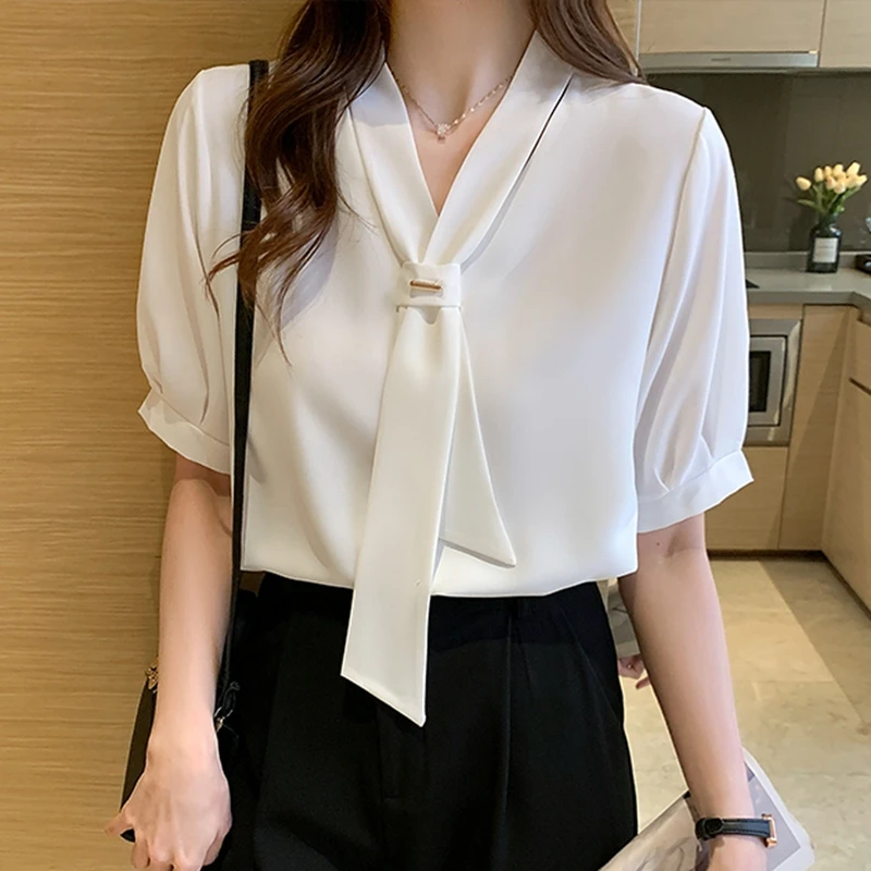 Блузка женская шифоновая с коротким рукавом, шикарная офисная Повседневная рубашка с бантом, одежда для работы, белый цвет, на лето 
Блузка женская шифоновая с коротким рукавом, шикарная офисная Повседневная рубашка с бантом, одежда для работы, белый цвет, на лето
