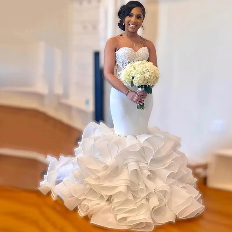 Mermaid Wedding Dresses With Ruffles Bottom Sweetheart Tiered Bridal Gown Lace Appliques Lace-Up Satin Women Vestido De Noiva
Mermaid Wedding Dresses With Ruffles Bottom Sweetheart Tiered Bridal Gown Lace Appliques Lace-Up Satin Women Vestido De Noiva