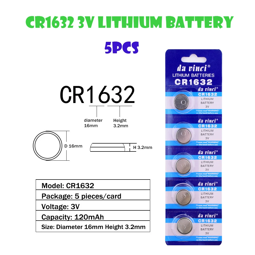 CR1632 5Pcs=1Card Lithium 3V Button Battery ECR1632 BR1632 LM1632 Cell Coin Batteries 120mAh For Watch Electronic Toy Remote
CR1632 5Pcs=1Card Lithium 3V Button Battery ECR1632 BR1632 LM1632 Cell Coin Batteries 120mAh For Watch Electronic Toy Remote