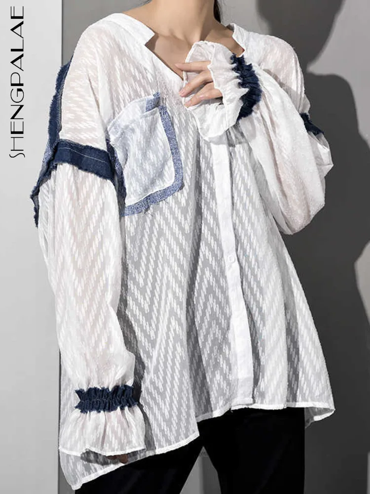 SHENGPALAE Clearance Price White Ruffles Loose Shirt Women V-collar Long Sleeve Patchwork Blouse Fashion Summer Clothing WG75500 
SHENGPALAE Clearance Price White Ruffles Loose Shirt Women V-collar Long Sleeve Patchwork Blouse Fashion Summer Clothing WG75500