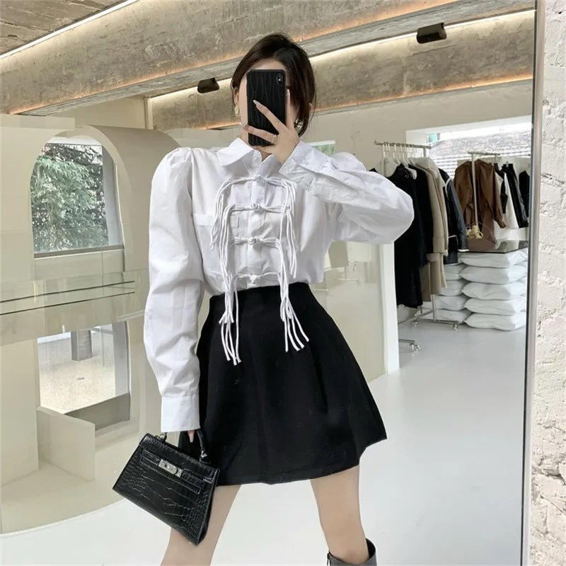 2022 New Fashion Piece Sets Puff Sleeve Retro Buckle Tassel White Shirt+High Waist Black Mini A Line Skirt Chic Lady 2pc Suits
2022 New Fashion Piece Sets Puff Sleeve Retro Buckle Tassel White Shirt+High Waist Black Mini A Line Skirt Chic Lady 2pc Suits