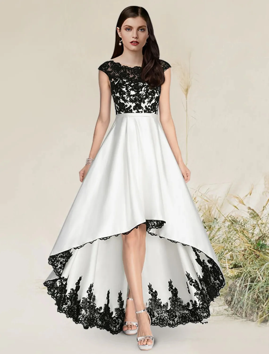 

Vintage Ligh Low Evening Party Dresses Jewel Black Appliques Lace Satin Formal Prom Gowns Robe De Soiree Vestidos Festa