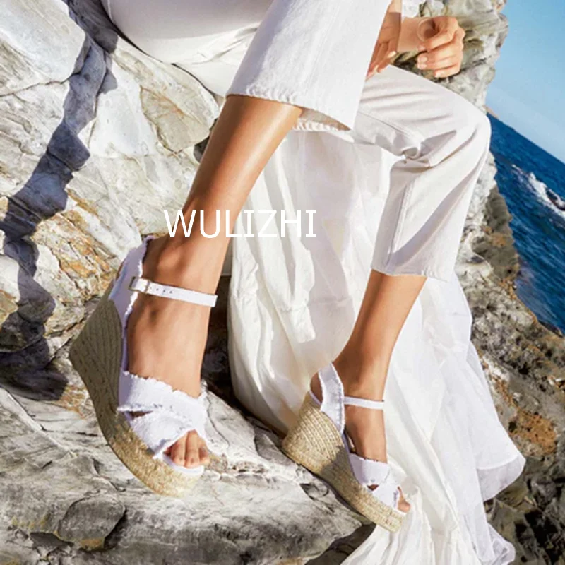 

Women Pure White Elegant Wedge Beach Sandal Espadarille Braided Rope Patchwork Gladiator Summer Round Slingback Open Casual Shoe