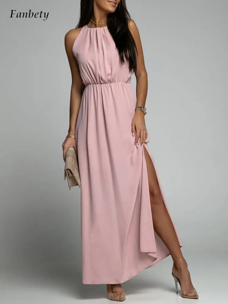 Summer Casual O-neck Sleeveless Long Dress Women Elegant High Slit Solid Party Dress Fashion Elastic Waist Backless Beach Dress
Summer Casual O-neck Sleeveless Long Dress Women Elegant High Slit Solid Party Dress Fashion Elastic Waist Backless Beach Dress