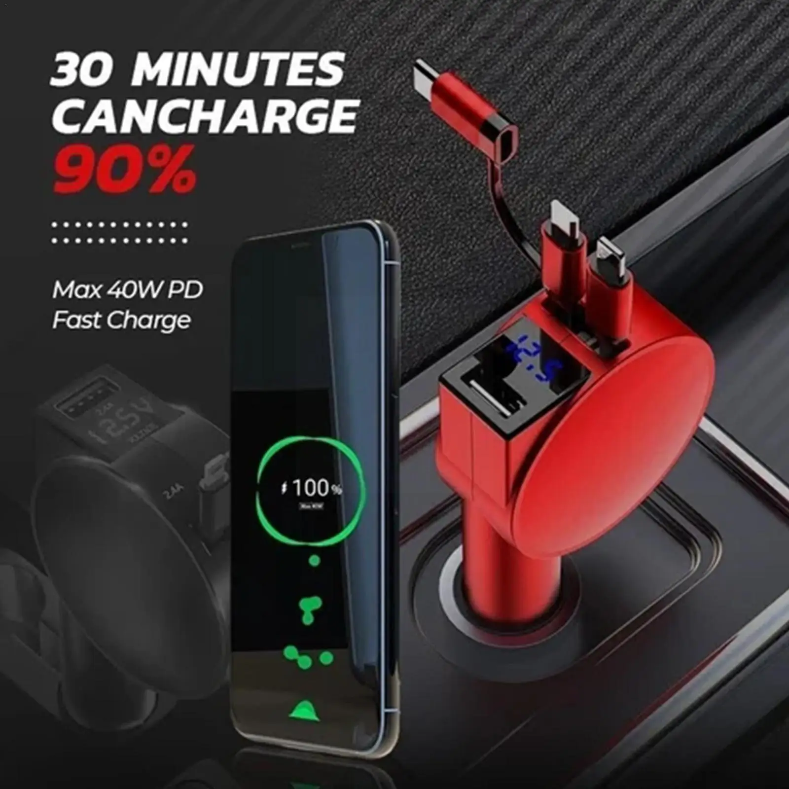 

3-in-1 Retractable Fast Charging Car Adapter Car Charger Car USB Socket QC4.0+PD Fast Charge For iPhone Android Type-C Phon F8W0