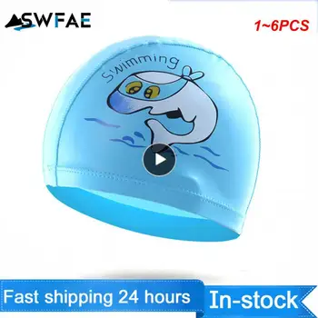 1~6PCS Cartoon Swimming Children Kids Elastic Swiming Pool Water Sport Ears Hat Swim Bathing Hats Boys