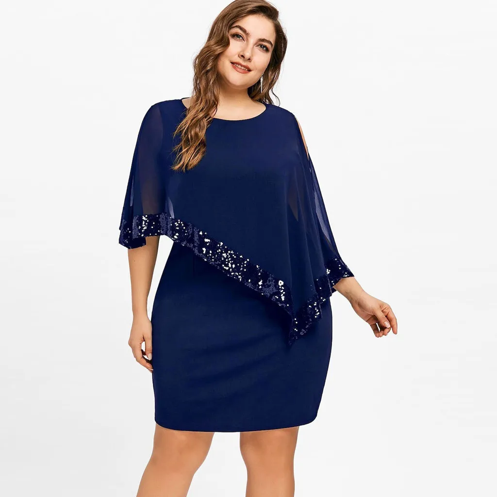 

Plus Size Summer Women Dresses Elegant Cold Shoulder Overlay Asymmetric Chiffon Strapless Sequins Dress Oversized S-5XL