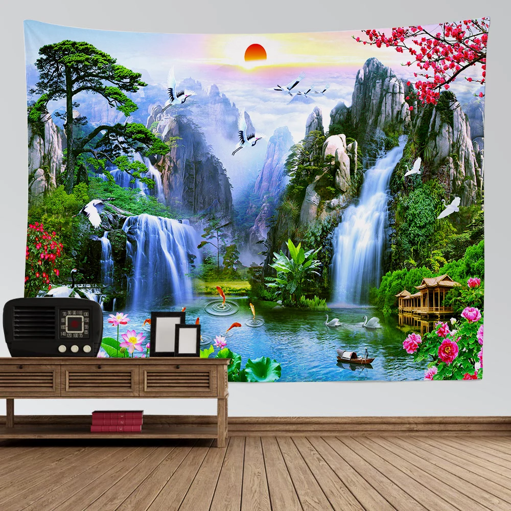 

Landscape Tapestry Mountains & Waterfalls Birds Sunset Floral Wall Hanging Home Wall Decor Tapestry