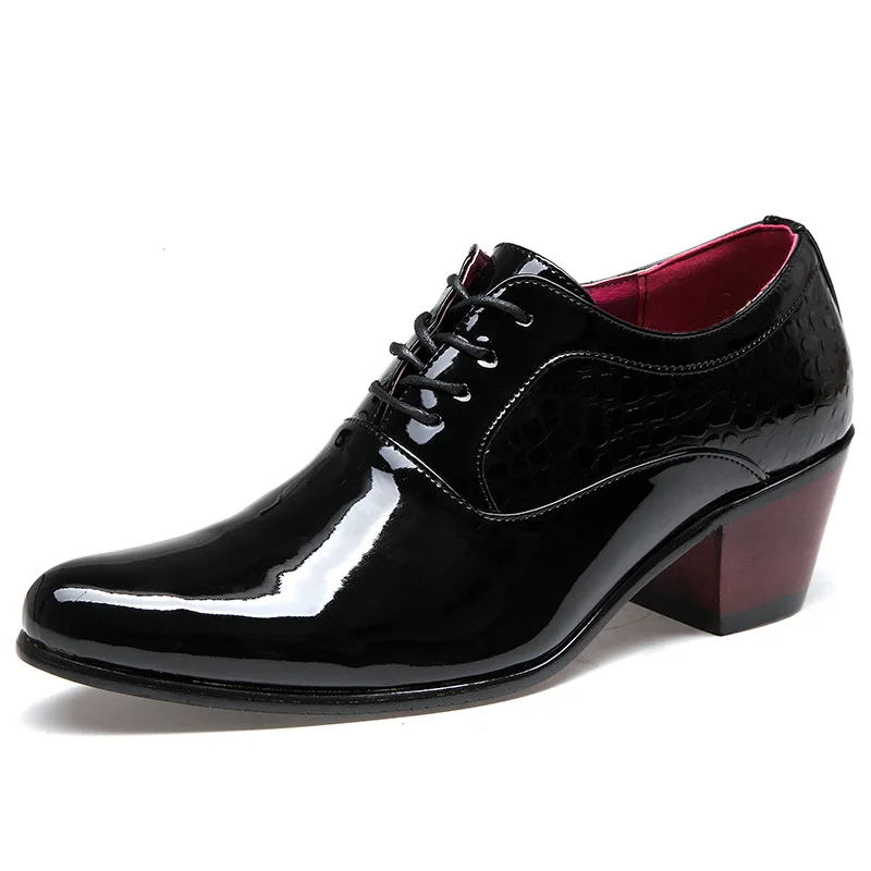 

Men's Lace Up Height Increasing Shoes British Fashion Pointed Patent Leather High Heel Wedding Dress Derby Shoes Men Oxfords
