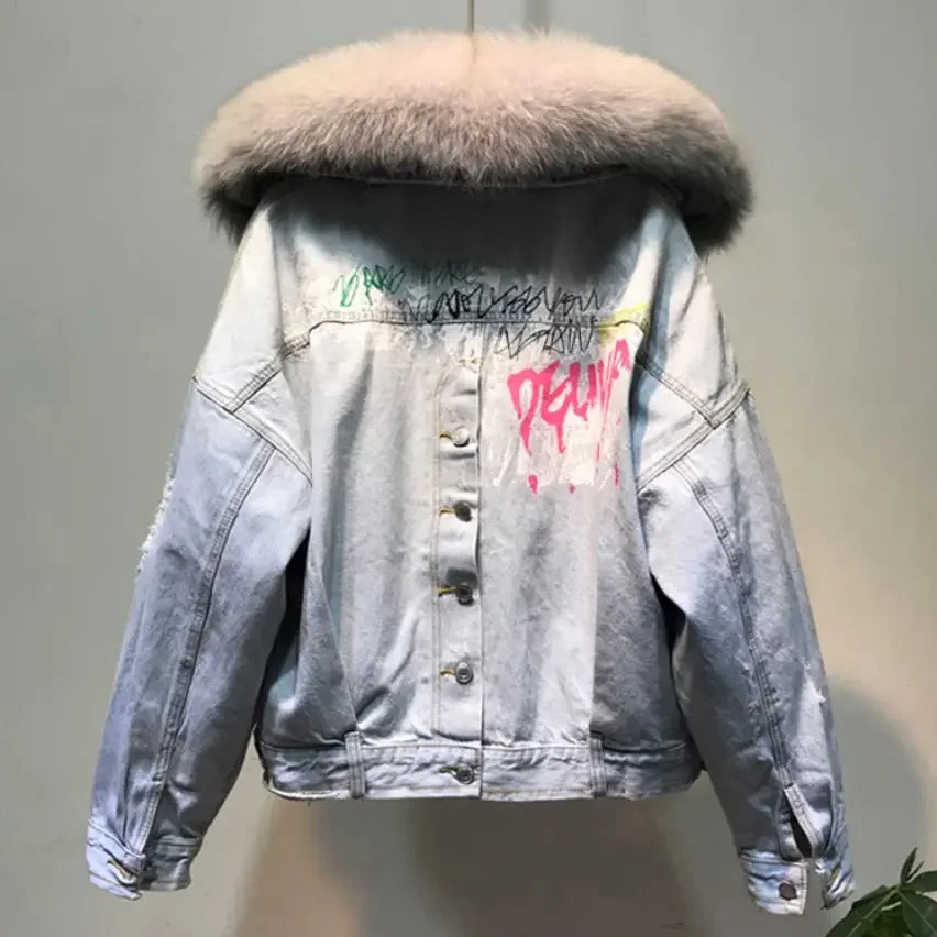 Winter Fashion Graffiti Warm Real Fox Fur Collar coat + Rabbit Hair Liner Denim Jacket Female Thick Outwear F708 
Winter Fashion Graffiti Warm Real Fox Fur Collar coat + Rabbit Hair Liner Denim Jacket Female Thick Outwear F708