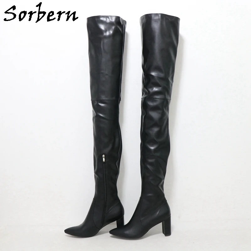 

Sorbern 97Cm Crotch Thigh Boots Women Mid Low Block Heels 9Cm Pointed Toe Half Zipper Fetish Drag Queen Shoes Custom Unisex