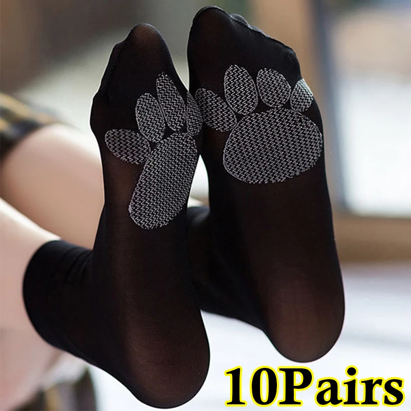 

10Pairs Spring Summer Women Soft Socks Cat Claw Ultra-thin Silk Sock Non-Slip Bottom Splice Transparent Ladies Breathable Sock