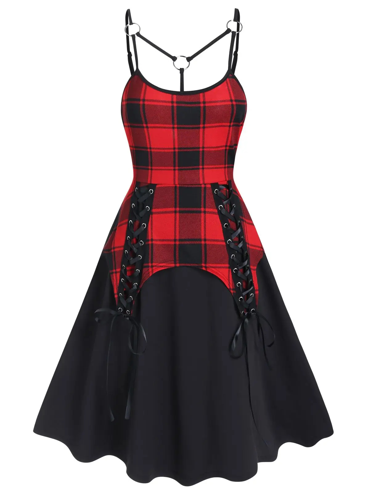 

Dressfo Gothic Plaid Dress Lace Up Cut Out Sleeveless High Waist Casual Midi Dress Women Spaghetti Strap Vintage Dress