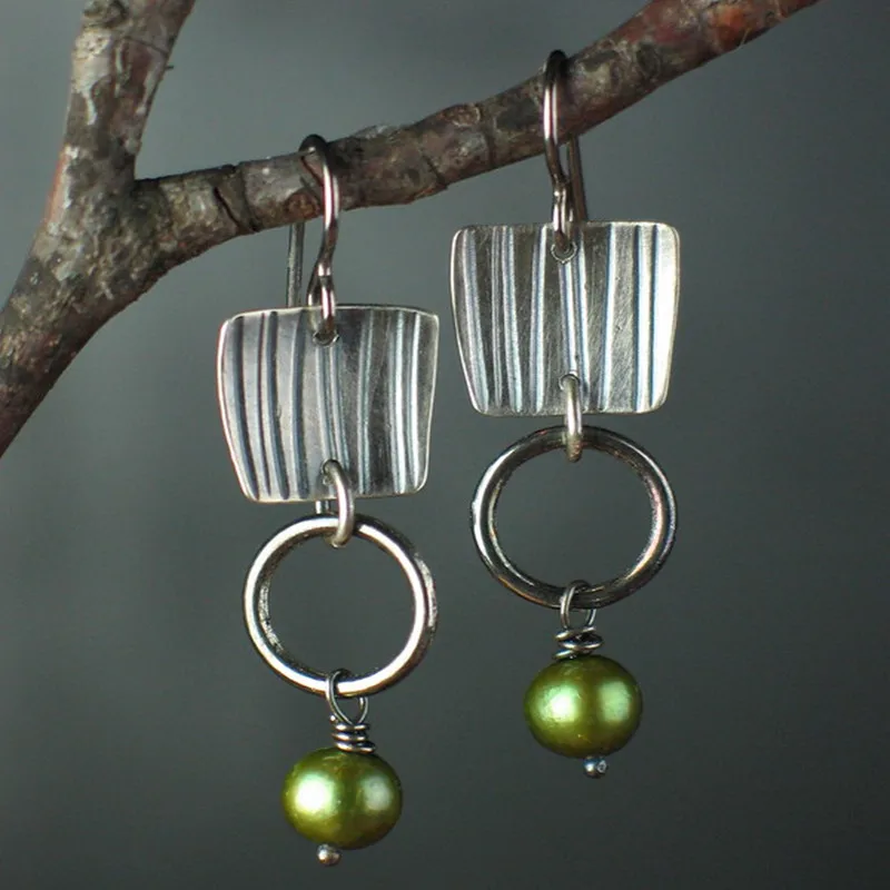 

Vintage Square Metal Artisan Hand Stitched Earrings Hanging Green Stone Boho Women Simple Hook Drop Earrings