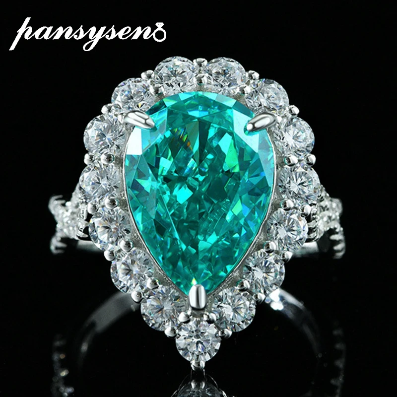 

PANSYSEN Luxury 100% 925 Sterling Silver 5ct Pear Cut Paraiba Tourmaline Simulated Moissanite Diamond Cocktail Ring Fine Jewelry