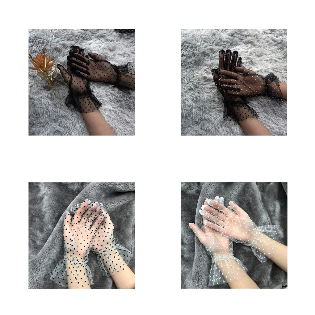 New 1 Pair Grace Autumn Summer Women Short Tulle Gloves Stretchy Lace Spots Lotus Leaf Sheers Flexible Accessories Full Finger
New 1 Pair Grace Autumn Summer Women Short Tulle Gloves Stretchy Lace Spots Lotus Leaf Sheers Flexible Accessories Full Finger