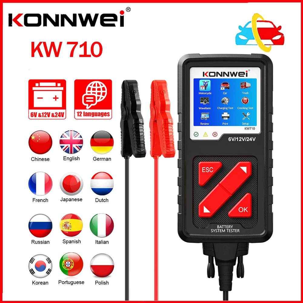 Тестер заряда автомобильных аккумуляторов KONNWEI KW710, 6 в/12 В/24 В, 100-2000CCA
Тестер заряда автомобильных аккумуляторов KONNWEI KW710, 6 в/12 В/24 В, 100-2000CCA