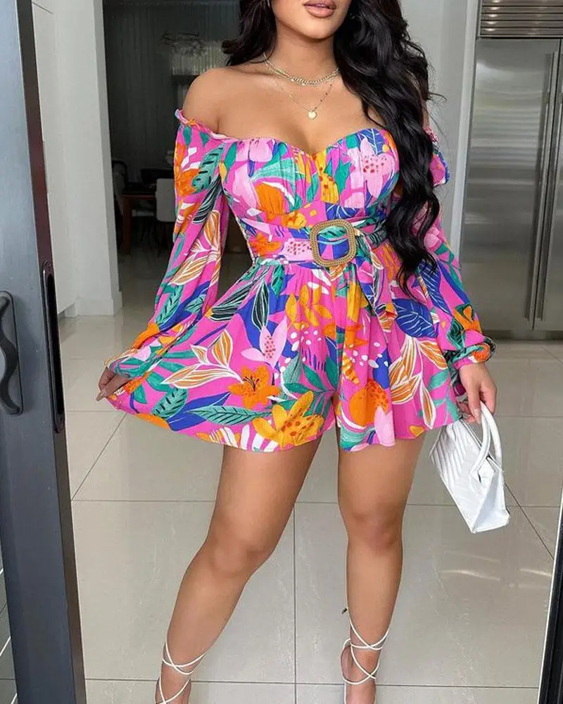 

Tropical Print Off Shoulder Romper Women Playsuit Shorts Pants Slash neck Sexy High waist Floral Flower Rompers Spring Summer